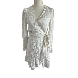 White Ruffle V Neck Wrap Dress Size Medium Unbranded